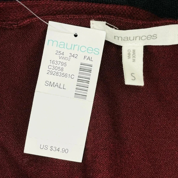 Maurices Black Maroon Color Block Long Cardigan Sweater Womwn Size Small Stretch - Picture 2 of 7